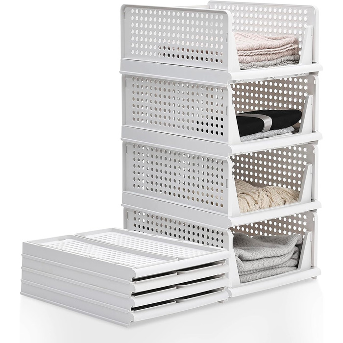 4 Pack Closet Organizer Stackable Plastic Closet Organizer Storage Box, Lightweight, Easy-Pull Drawer Dividers for Clothes, Closet, Pantry, Laundry Room