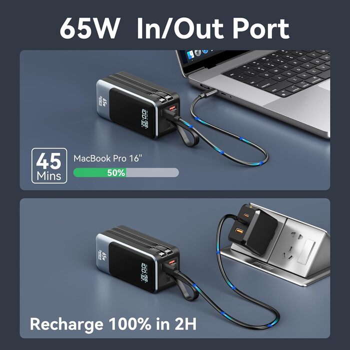 Power Bank Selore&S 65W з USB-C, 4 порти, для ноутбуків, MacBook, iPad, iPhone, Galaxy, Steam Deck, дронів, чорний