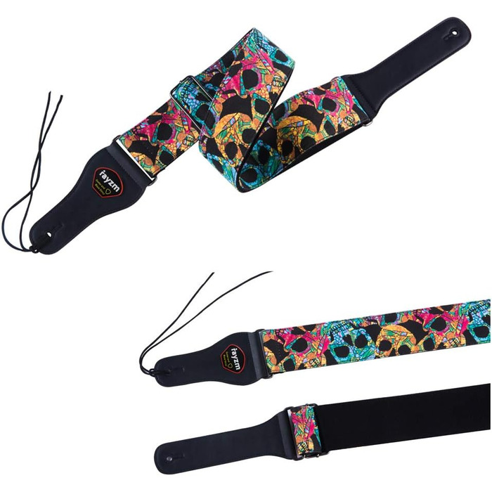 Гітарний ремінь Rayzm для акустичної, електрогітари та бас-гітари з баскліком та дизайном черепа, 6.5 см, для дорослих