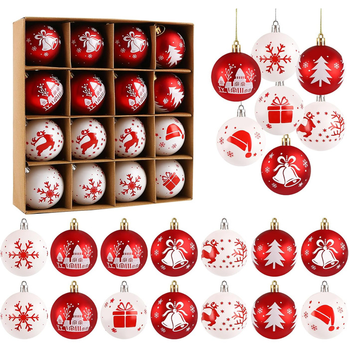 16 шт. прикрас для ялинки Homewit, 6 см, червоно-білі ялинкові кулі, набір для ялинки, святкова декорaція