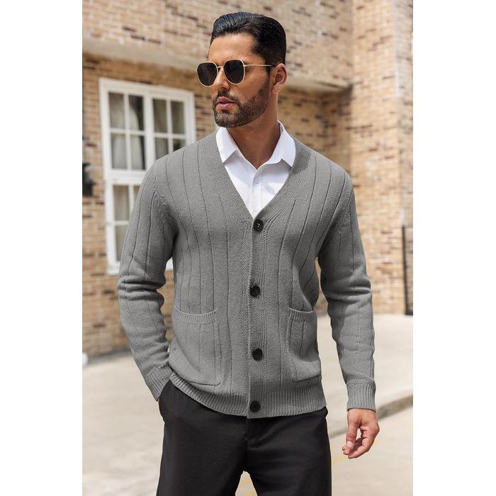 Чоловічий в'язаний кардиган COOFANDY з візерунком коси, V-подібний виріз, ґудзикова застібка, ребристий, з кишенями, сірий (S)
