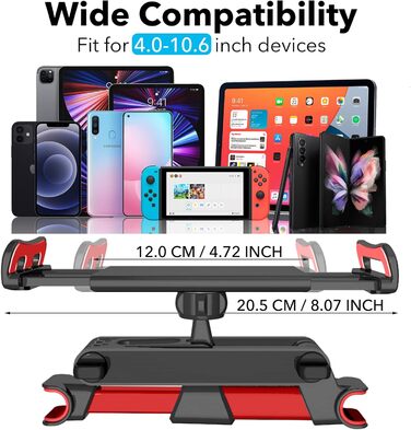 Універсальний тримач для планшета в авто, регульований, для iPad/iPhone/Samsung Galaxy Tab/Kindle Fire HD/Nintendo Switch, 4.4-11 дюймів, червоний/чорний