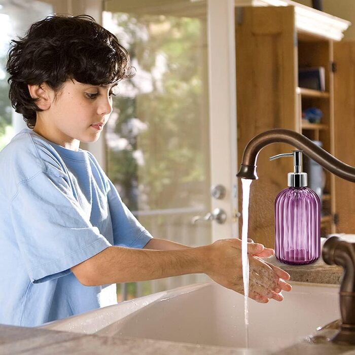 Набір з 2 скляних дозаторів для мила з помпою, 400 мл, для мила, шампуню, лосьйону, багаторазові, для кухні, ванної, пральні (фіолетовий)