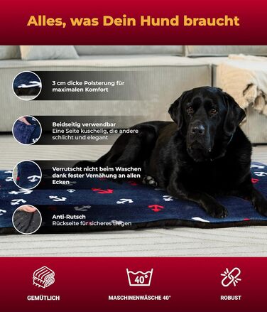 Лежанка для собак XS (45x65 см) – неслизька та затишна з 3 см наповнювачем – ідеально для дивану, авто та переноски – Made in Germany (95 x 135 см, Анкер Блакитний)