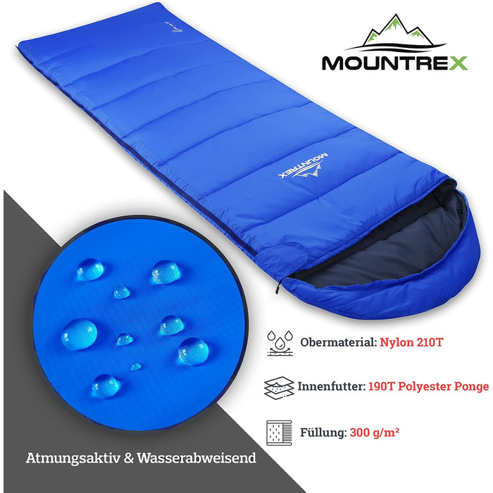 Mountrex 3-Season Sleeping Bag for Camping & Outdoor - Lightweight, Warm & Comfortable Sleeping Bag (205 x 75cm) - Adult, Unisex, Couplable Zipper - Blue