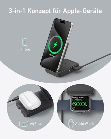 Anker MagGo 3-в-1 Бездротова Зарядна Станція Qi2 15W MagSafe для iPhone 17/16/15/14, Apple Watch 9, AirPods (з USB-C 40W адаптером) - Чорна