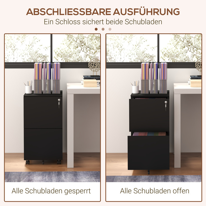Vinsetto Rolling File Cabinet, Black with 2 Lockable Drawers on Steel Casters, 37x43.5x67.5cm for Office & Home Office