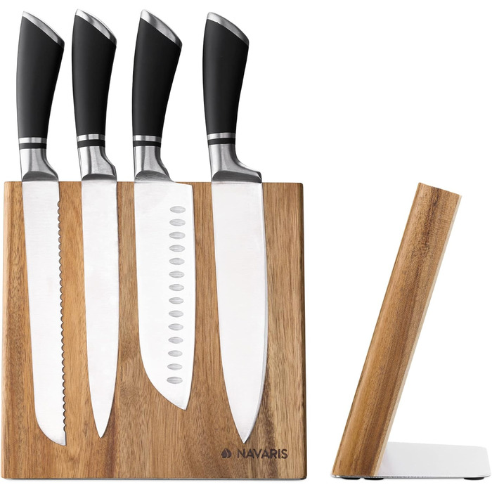 Navaris Magnetic Knife Holder from Acacia Wood 23x22.5x12cm - Magnetic Knife Block Knife Board Wood Magnet Holder - Knife Holder Unfilled Brown