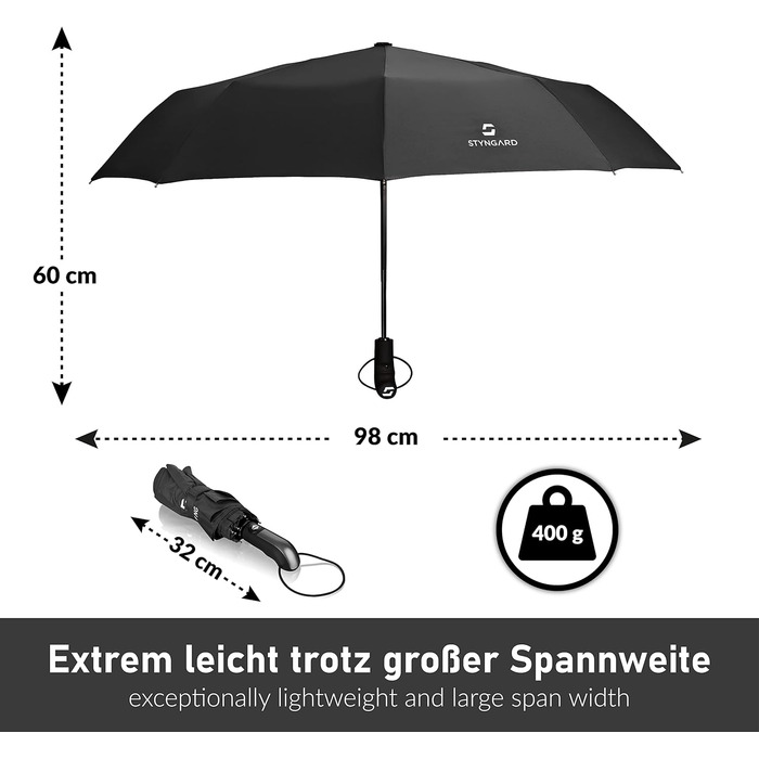 Стійкий до вітру парасолька STYNGARD TRONDHEIM (Чорний) - автоматичний, з тефлоновим покриттям, витримує 140 км/год