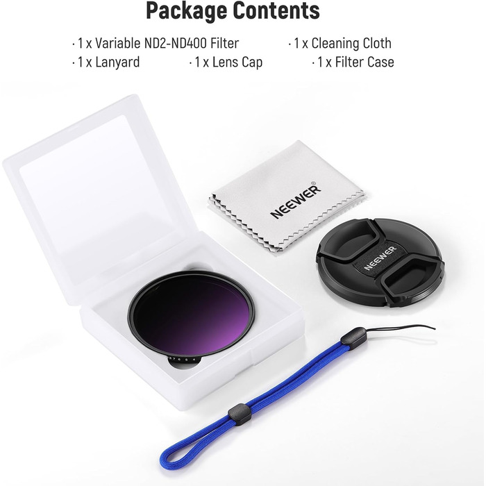 Фільтр ND2-400 (1-9 Stop) Variabler NEEWER 58mm для об'єктивів з нейтральною щільністю, з кришкою, стрічкою та серветкою