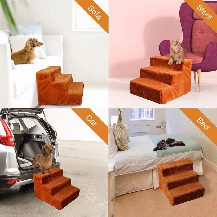 NAMSAN Dog Stairs 3-Step Pet Ladder, Easy Assembly, Cat Stairs with Washable Cover for Sofa, 42 x 40 x 31cm (Brown)