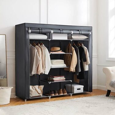 SONGMICS Wardrobe, Clothes Rack, Folding Closet Organizer with Clothes Rod, Clothes Stand, Storage, Pockets, Shoes, Bedroom, Dressing Room, 45 x 150 x 175 cm, RYG12B (Grey)