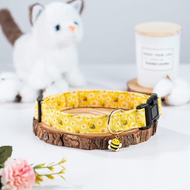 Нашийник для собак з бавовни, жовта бджілка – квітковий принт – м'який та зручний – регульований – великий розмір – унісекс – для великих собак, розмір L