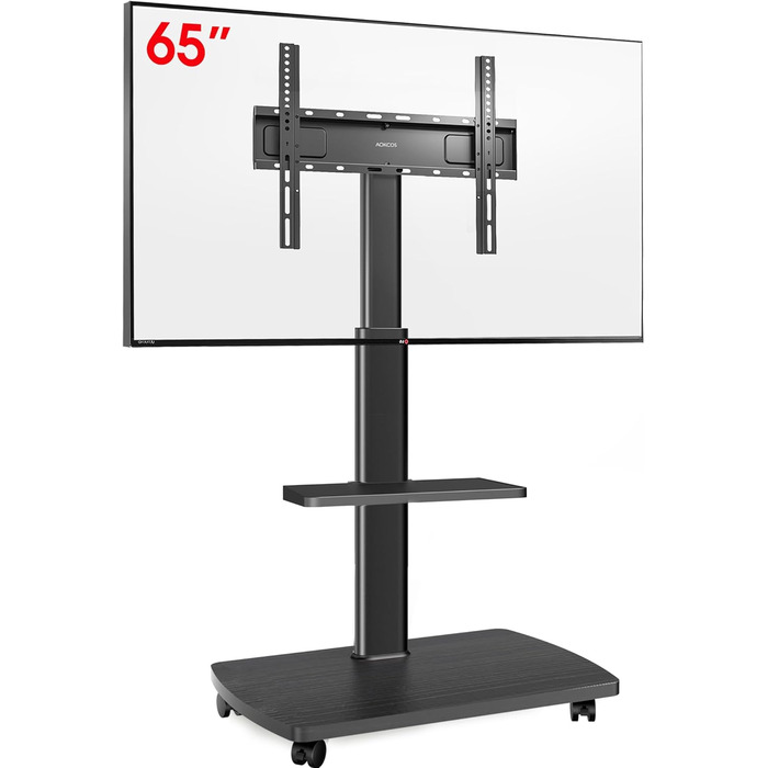 AOKCOS Rolling TV Stand with Wood Shelf - Adjustable Height & Swivel - Fits 32-65 inch TVs (up to 40kg, VESA 400x400mm)