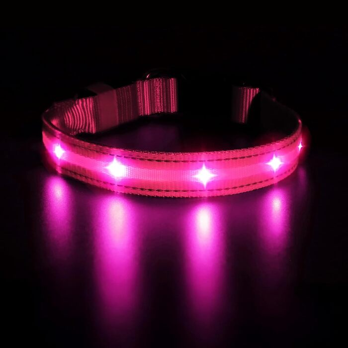 Світловідбиваючий нашийник для собак ASBRILL з LED підсвічуванням, водонепроникний, регульований, 3 режими освітлення, для маленьких, середніх та великих собак (XS, Рожевий)
