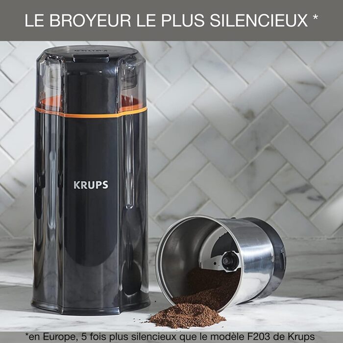 Електрична кавомолка Krups GX3328 Silent Vortex 3-в-1 для кавових зерен, спецій і трав, тиха, знімна чаша, мийка в посудомийці, чорна