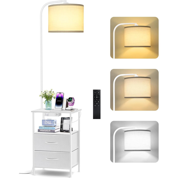 Стійка лампа для вітальні з поличкою та столиком, диммування LED, пульт керування, 3 колірні температури, приліжний столик з підзарядкою, дерев'яний столик для спальні/офісу (білий з шухлядами)