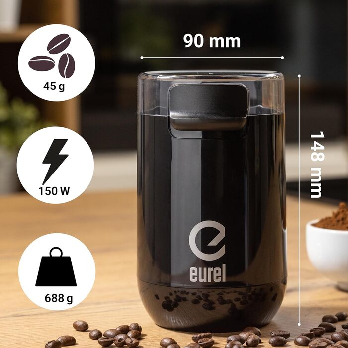 Електрична кавомолка EUREL KMA з нержавіючого сталі, змінний помел, компактний дизайн, 45г – чорний колір