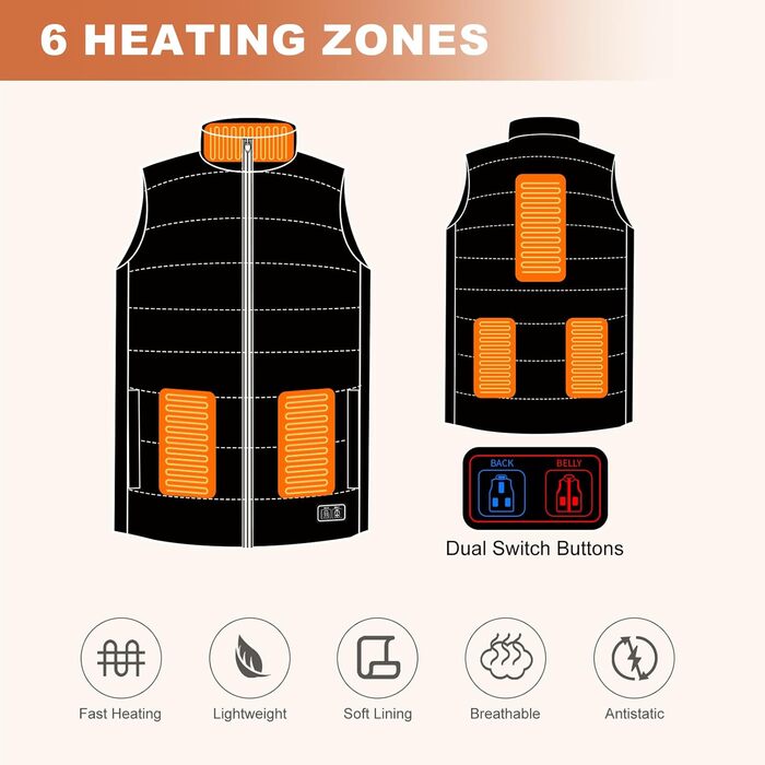 Обогревна жилетка для чоловіків та жінок, 6 зон нагріву, 3 температурні режими, легка, для зимових видів спорту, чорний, EU