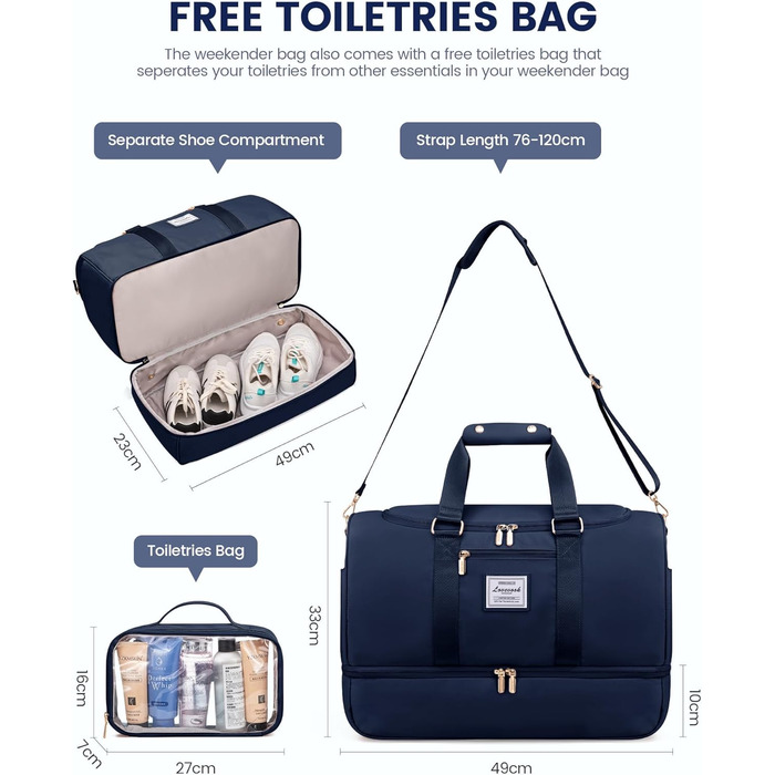 Спортивна сумка LOVEVOOK для подорожей: жіноча дорожня сумка-weekender з косметичкою, відділенням для взуття та мокрих речей, водонепроникна, ручна поклажа, для фітнесу, відпочинку, кемпінгу, блакитна M