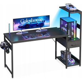 Ігровий стіл з RGB-підсвіткою та стелажем з полицями, функціональний та сучасний, 138x48 см