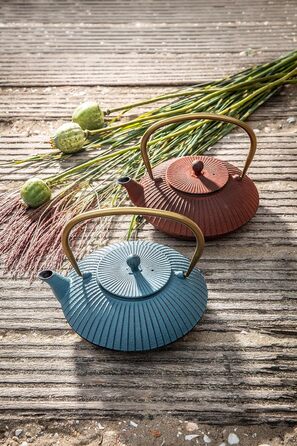 Bredemeijer Blue Flat Asia Teapot 1.1 Liter Cast Iron - Asia Cast Kettle with Stainless Steel Tea Filter Insert