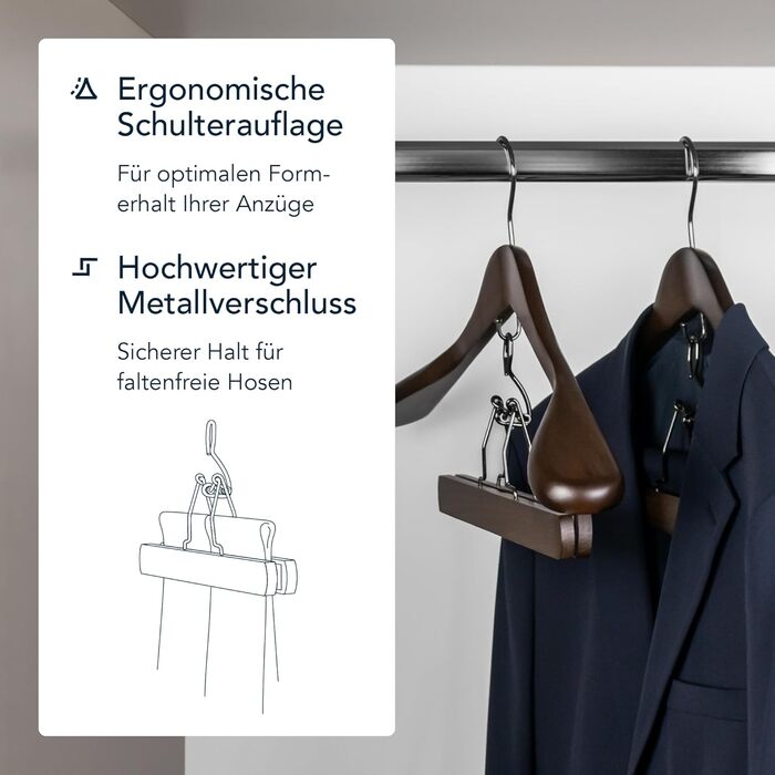 Дерев'яні плічка SUITS VIENNA для костюмів і штанів, 4 шт, масив дерева, широка рифлена підкладка, нековзкі, для піджака та брюк, чоловічі, 45 см