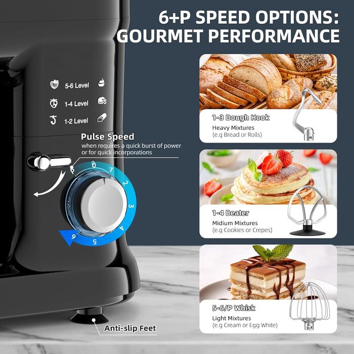 Кухонна машина-міксер з чашею 6.5л з нержавіючої сталі, 2000W, 6 швидкостей, для тіста та міксування, з набором насадок (вічорник, гак для тіста, вінчик) та захистом від бризок, чорна