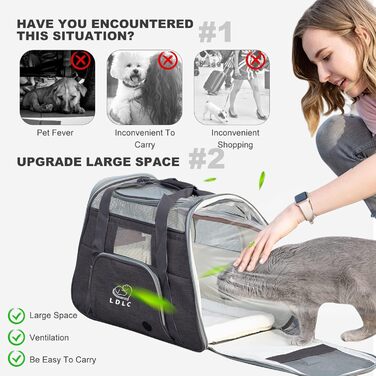 Транспортна переноска для собак та котів PETCUTE, чорна, 51 x 23 x 35 см, з м'яким матрацом, для подорожей, дозволена авіакомпаніями