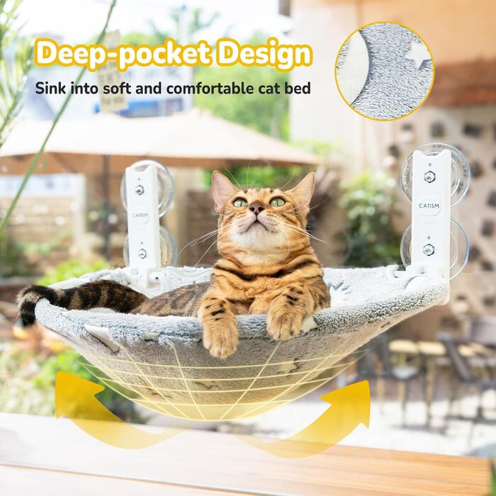 CATISM Гамак для котів на вікно з подушкою, до 20 кг, 52x30 см, сірий
