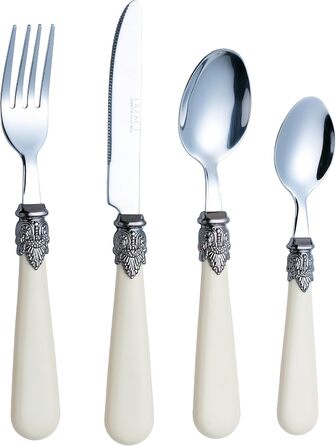 EXZACT Ivory Cream Flatware Set, 24 Pieces, Stainless Steel with Detailed Handle, Traditional, Elegant, Vintage Style/Antique (WF28-24CRM)