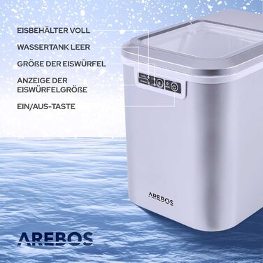 Машина для приготування льоду Arebos | 12 кг/24 год | Швидке виробництво (10-15 хв) | 2 розміри кубиків льоду | 2.2 л резервуар | Тиха робота | Самоочищення | Сріблястий колір