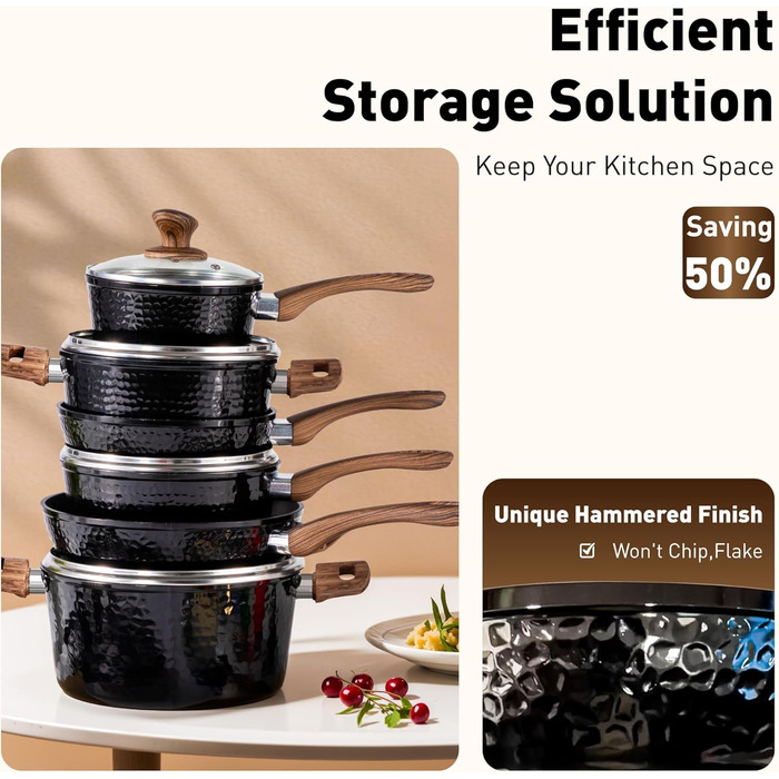 Набір посуду DishDelight 15 предметів: каструлі та сковороди з антипригарним покриттям, індукційні, з граніту, чорного кольору