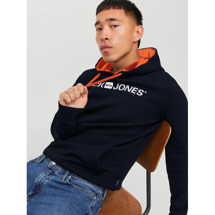 Чоловічий худі JACK & JONES з капюшоном та кишенею, Regular Fit, колір Shocking Orange/Navy Blazer, розмір XS