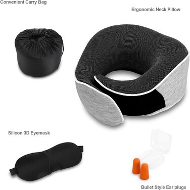 Подушка для шиї з піною з пам'яті Memory Foam, комплект з маскою для очей, берушами та чохлом, ергономічна туристична подушка (світло-сіра)