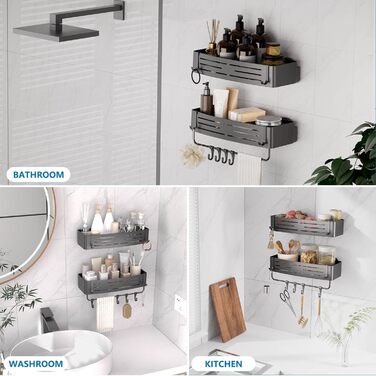 Набір з 2 полиць для душу Onemake з присосками, без свердління, сірого кольору. Дзеркальний кутовий органайзер для ванної кімнати з 6 гачками та рушником.