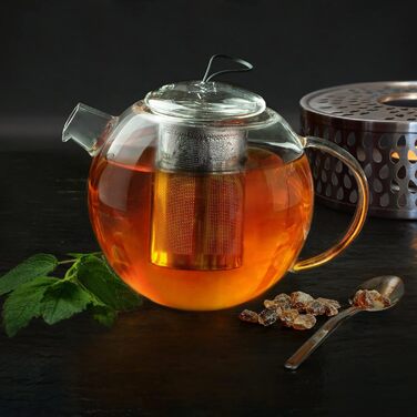 Скляна чайник Creano 1,2л з підставкою, 3-х секційна з нержавіючою сталею та ситечком, для листового чаю, без протікання (1500 мл)