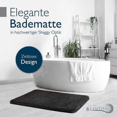 Beautissu Non-Slip Bath Mat - 120x70 cm - Plush Shaggy Bathroom Rug - Absorbent, Washable, Grey - BeauMare FL