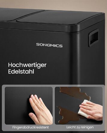 Сміттєвий відер SONGMICS PARY LTB160EZ01 для кухні, 2 відсіки по 15 л, нержавіюча сталь, кришка Soft-close, педальний механізм, сріблястий (чорний), з 15 пакетами