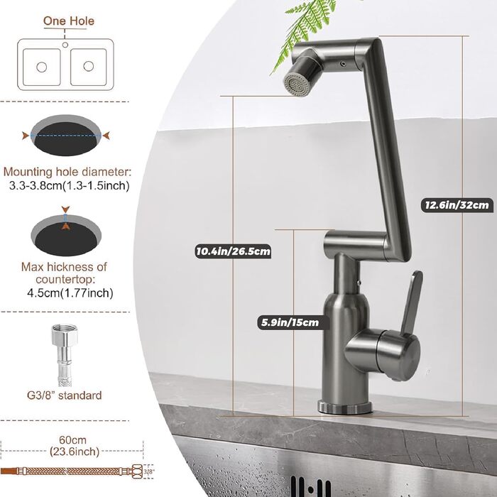 Кухонний змішувач Vorfenster з висувною насадкою, 1080° обертання, 2 режими, нержавіюча сталь, для кухні/ванної кімнати