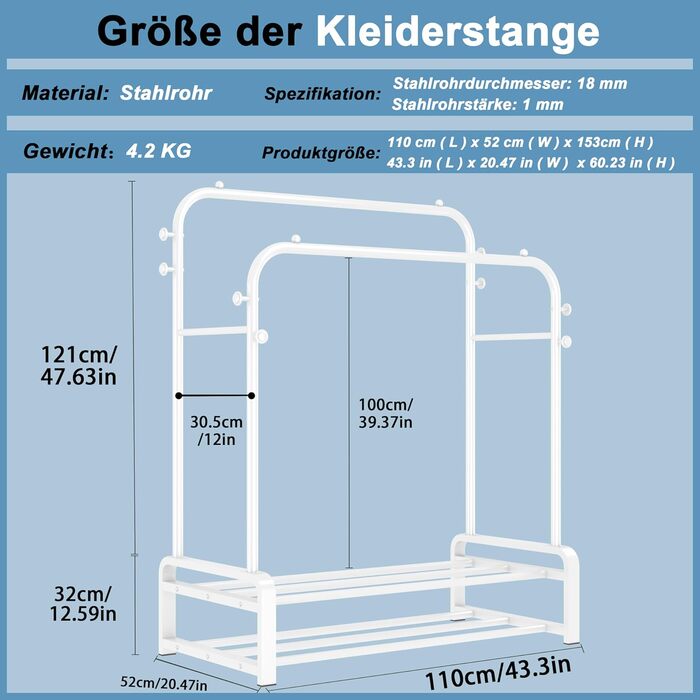 Freestanding clothes rack with double rod design, clothes hangers, 8 hooks, and 2 shoe shelves - Multifunctional wardrobe stand in white for the bedroom