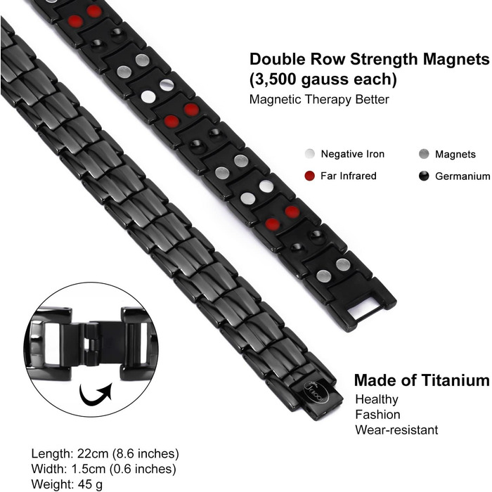 Браслет на магніті JEROOT для чоловіків, чорний титановий браслет з 4 елементами, подвійний ряд, браслет для здоров'я та енергії з високоякісною застібкою-складкою та знімачем ланок годинника (3500 гаус)