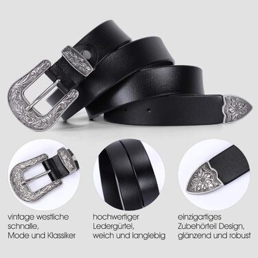 Жіночий шкіряний ремінь JasGood для джинсів та штанів, вінтажний стиль, колір чорний, розмір M (110 см)