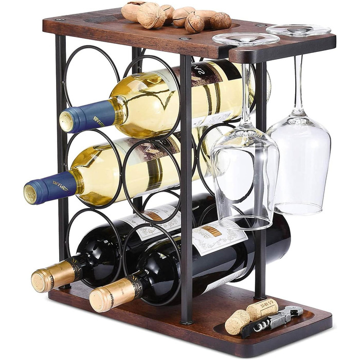 Wine rack with glass holders, tabletop wine holder with tray, freestanding wooden wine rack, perfect for home decor & kitchen storage rack, etc. (holds 6 bottles and 2 glasses)