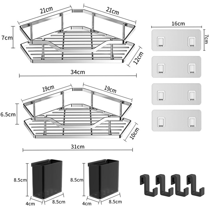 Поличка для душу без свердління, кутова, 2 шт. Органайзер для ванної кімнати з 4 гачками, чорний. Аксесуар для душу, тримач для шампуню. (B-silver)