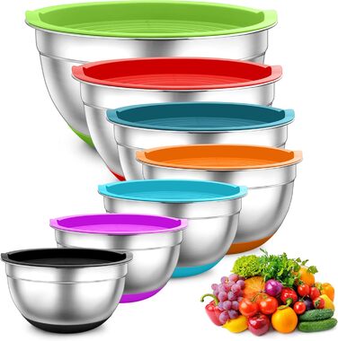 TEAMFAR Mixing Bowl Set, 7-Piece Stainless Steel Bowl Salad Bowl Set with Airtight Lids and Silicone Bottom, Nesting & Dishwasher Safe, 0.7L / 1.2L / 1.5L / 2.5L / 2.8L / 3.5L / 6.5L, assorted colors
