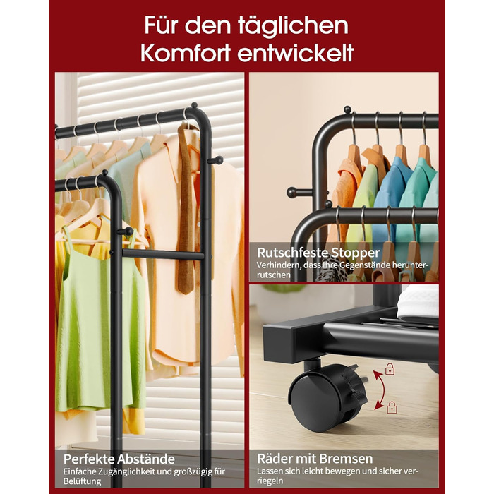 Підвісна штанга для одягу на колесах з сітчастою полицею та гачками, 73 x 42 x 150 см, чорний колір