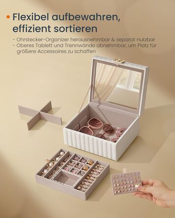 SONGMICS HOME ANAH: Шкатулка для прикрас з дзеркалом, 2 ящики, білий колір, 21.5 x 24 x 13.5 см