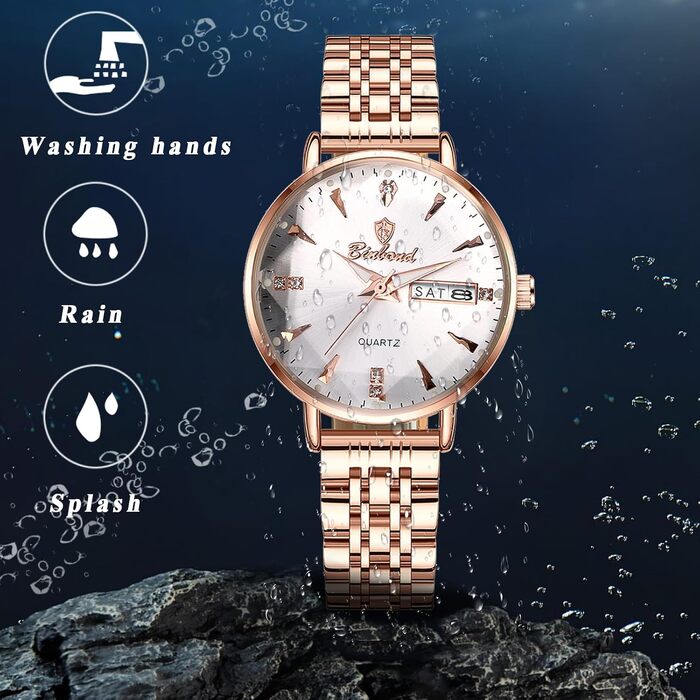 Жіночий годинник JewelryWe Rosegold: аналоговий кварцовий годинник зі сталевим браслетом, водонепроникність 30м, календар, підсвічування стрілок та гранійним склом (Рожеве золото - Білий)