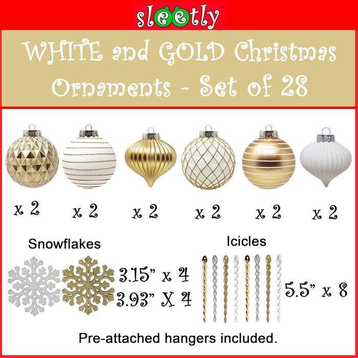 Набір новорічних прикрас SLEETLY 28 шт. Біле золото: кулі, льодинки, сніжинки для ялинки